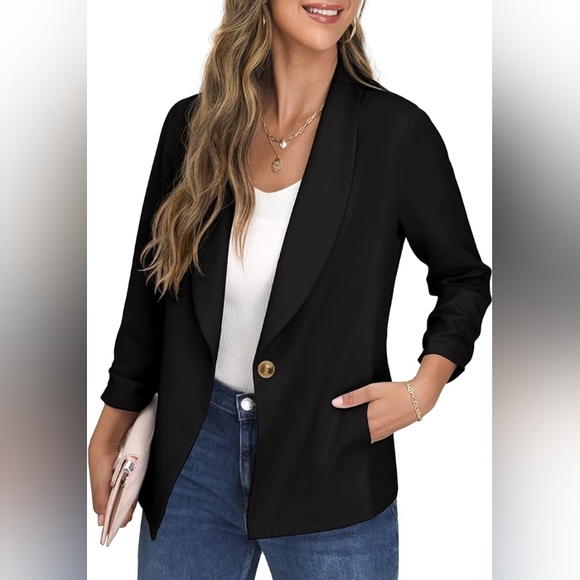 Womens Blazer Jacket for Women 3/4 Ruched Sleeve Work Casual Blazer with Pocket - Picture 2 of 7